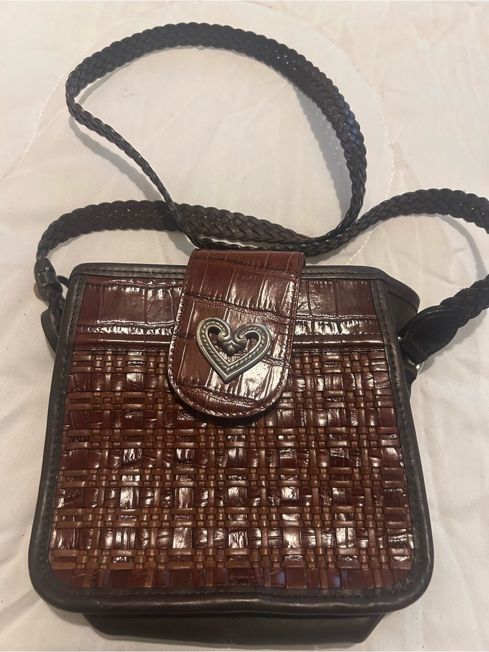 Brighton Brown Woven Leather Crossbody with Heart Accent